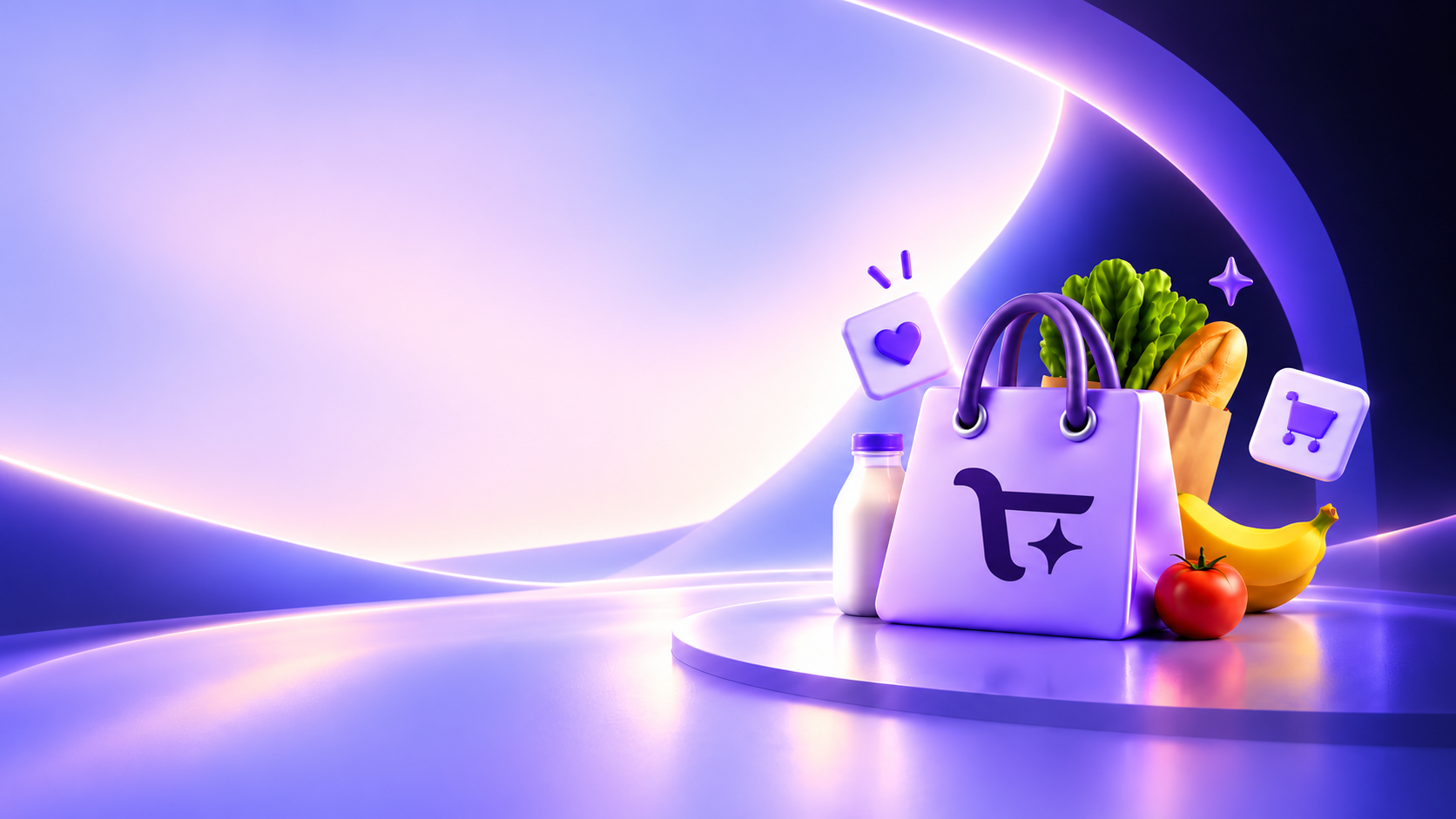 A violet BuySynk shopping bag with fresh groceries on a soft lavender stage.
